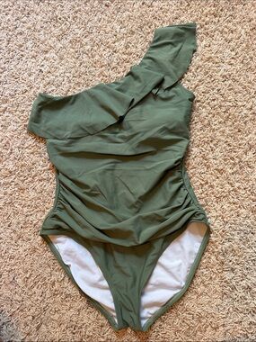 Olive Green One-Shoulder Ruffle One-Piece Swimsuit